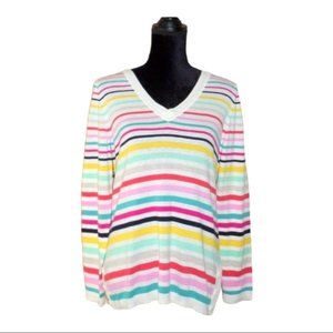 Women M L Talbots Pullover V-Neck Sweater Top Rainbow Stripe Tunic Shirt Preppy